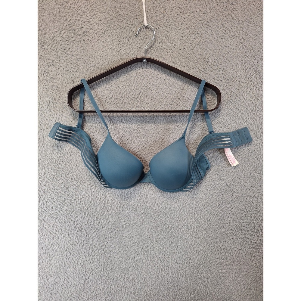 Victoria's Secret Pink T-Shirt Bra Womens 36B Blue Satin Padded Adjustable Strap